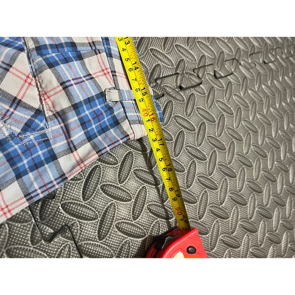 LULULEMON Mens Blue Checked Plaid Shorts workout Casual POCKETS 34 Medium Khaki - Picture 7 of 9